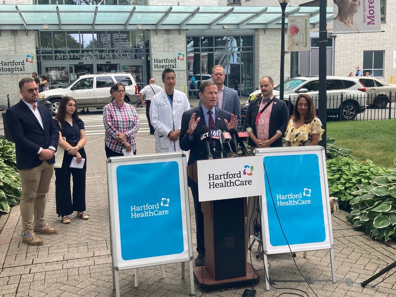 Blumenthal visited Hartford Hospital to call on the federal government to increase the supply of monkeypox vaccines through the Defense Production Act, as well as expand testing and treatments for the virus as cases rise in Connecticut and nationwide. 